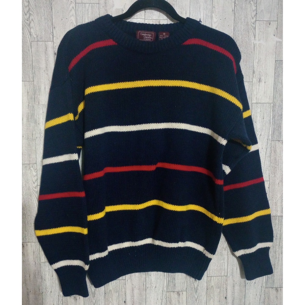 Cambridge Classic Men Knit Sweater Medium 100% Cotton Blue w/ Multicolor Stripes